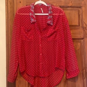 Free people Red Patterned Button-Up Blouse with Contrast Collar
